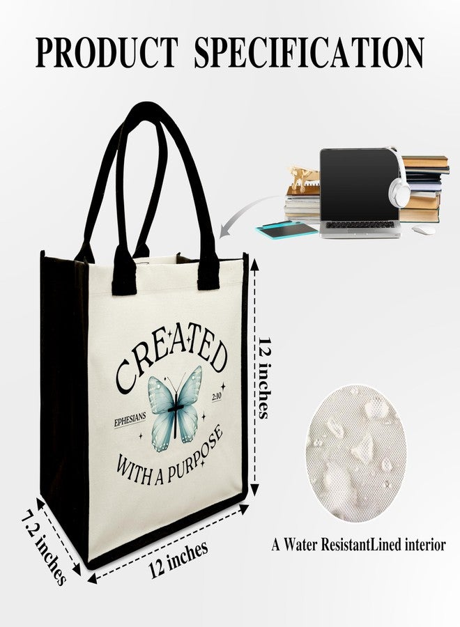 BXVRT Christian Shoulder Beach Bag, Created With A Purpose Canvas Tote Bag, Inspirational Gifts For Women, Bible Verse Butterfly Shopping Bag, Birthday Christmas Motivational Gifts For Friends -30 - Image 2
